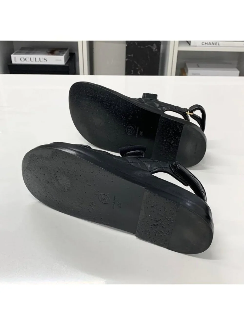 Chanel CC Logo Quilted Ribbon Leather Velcro Sandals